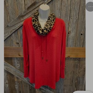 Ruby Rd. Red sweater Animal print faux fur collar sz PS EUC 69 retail runs big